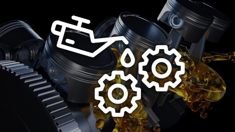 Car engine with oil lubricating it with an icon overlayed with gears and lubrication.